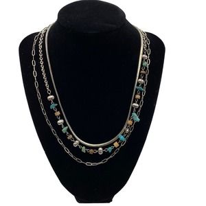 3 tiered multi color stone and metal layered necklace